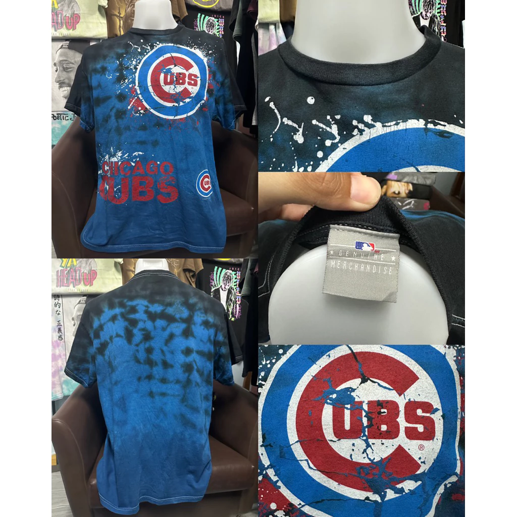เสื้อยืดสีมัดย้อมดำ-น้ำเงิน ลายทีมกีฬา Chicago Cubs (ไซส์XL)